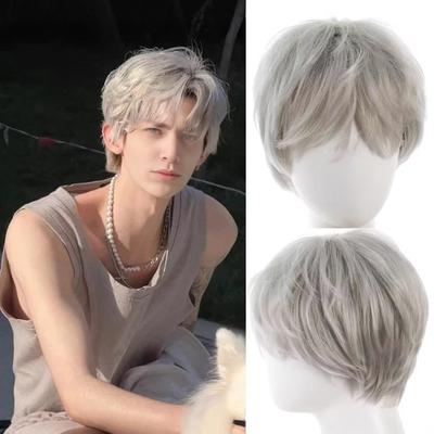 Pelucas Sintéticas Grises para Hombre con Flequillo Corto en Capas Ondulado Cabello Negro Diario Fiesta Cosplay Peluca Marrón Fibra Resistente al Calor