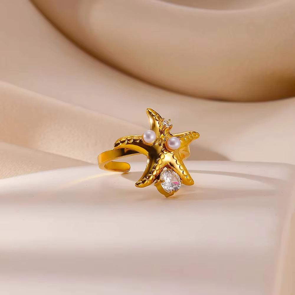 Creative oil pressure starfish conch titanium steel ring female zircon inlay with design summer beach jewelry