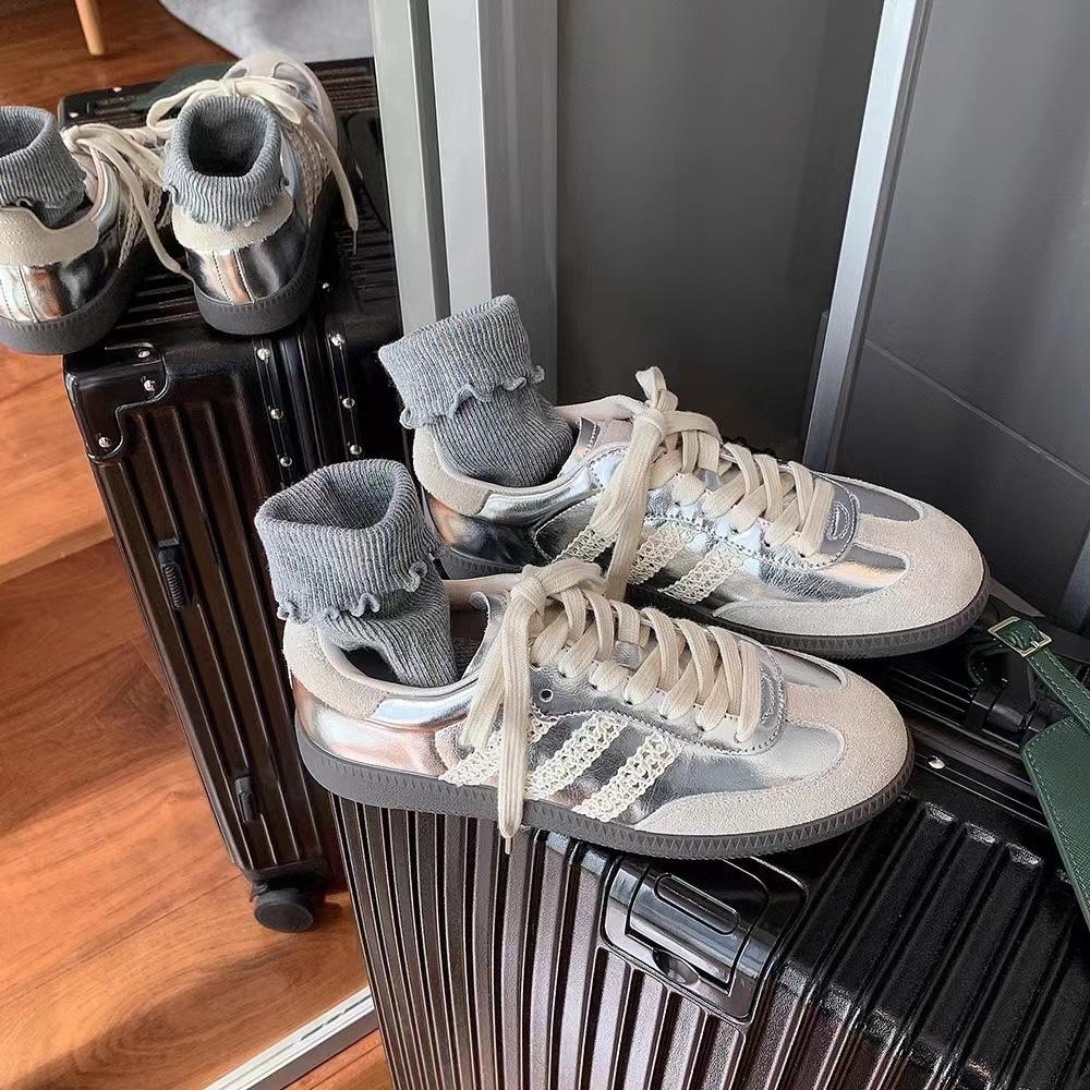 Three bars grape mother couple with the same round head retro versatile color matching platform casual sports shoes German training shoes tide spr