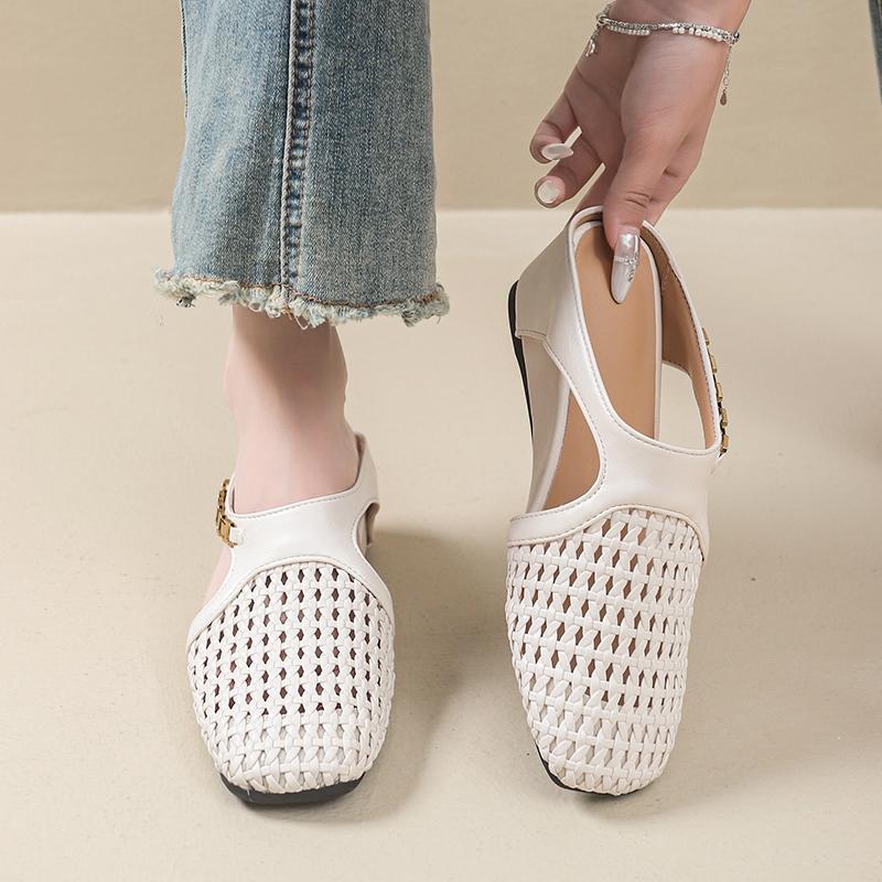 Summer Heightened Woven Hollow Wedge Slippers New Square Toe Metal Chain Lightweight Breathable Slip-on Slippers