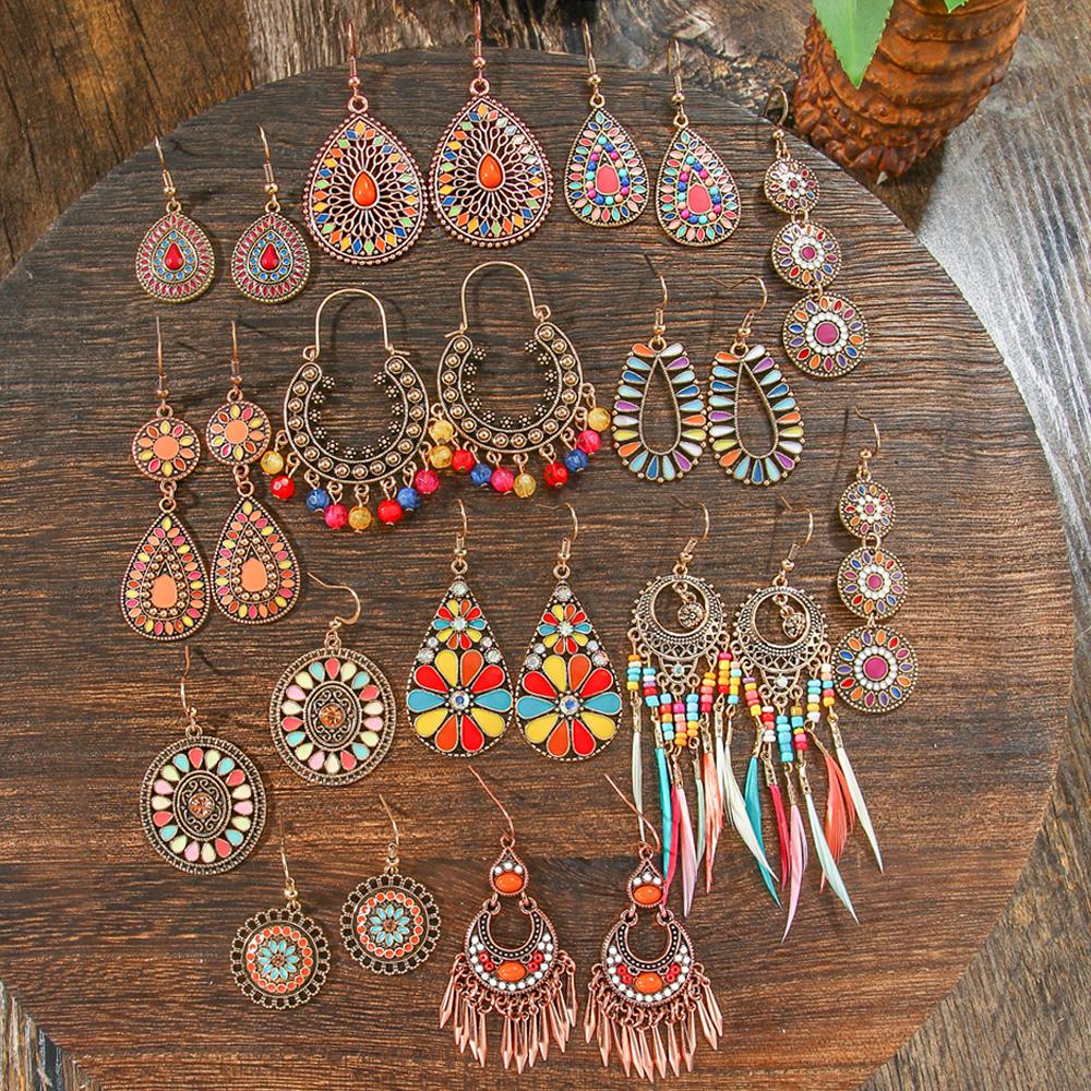 Women Vintage Colorful Dangle Earrings Set Boho Statement Tassel Ornaments Chic Holiday Gifts Party Decors Daily Wear Versatile