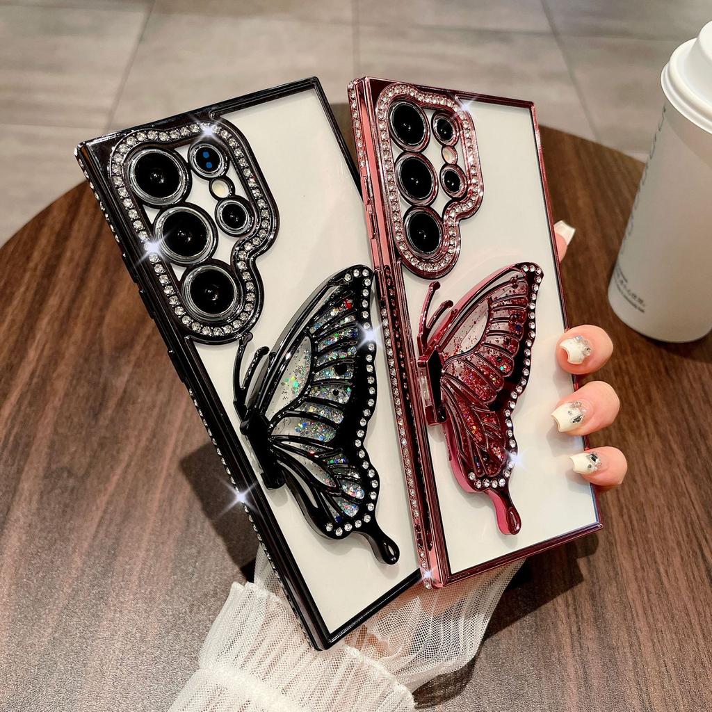 Suitable for Samsung S25ultra Mobile Phone Case Rhinestone Luxury Glitter S24 Butterfly Stand A55 Protective Case for Women A73