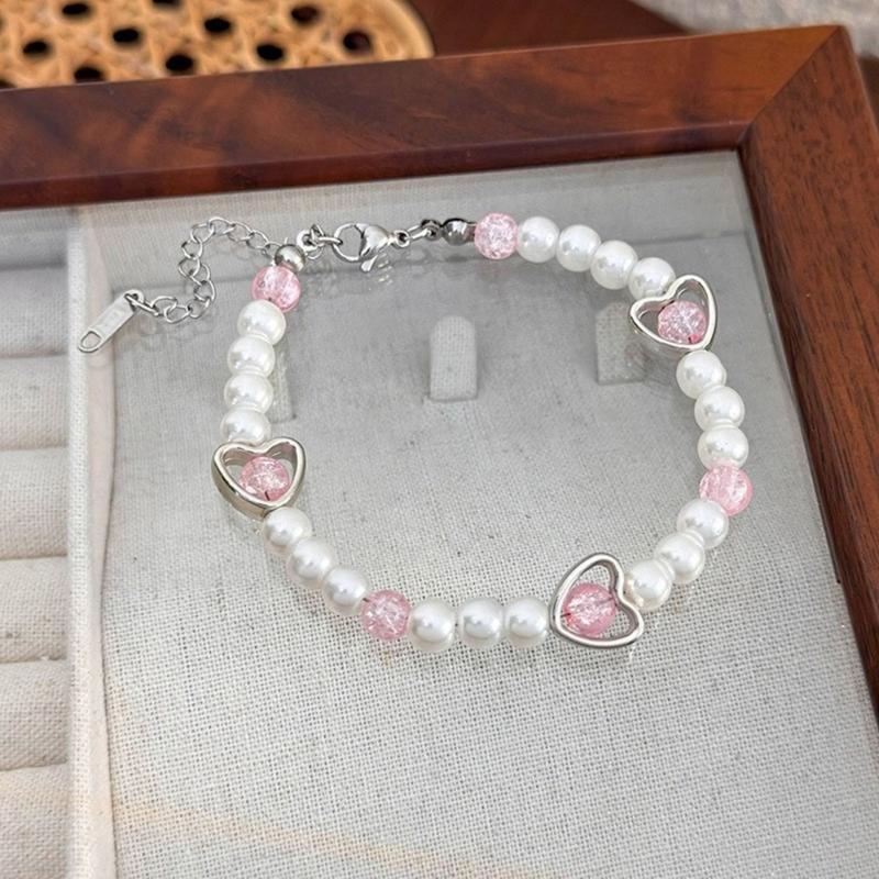 Stylish Bracelet with Heart Shaped Flower Imitation Pearls Wrist Jewelry Adjustable Size Perfect for Daily Wear