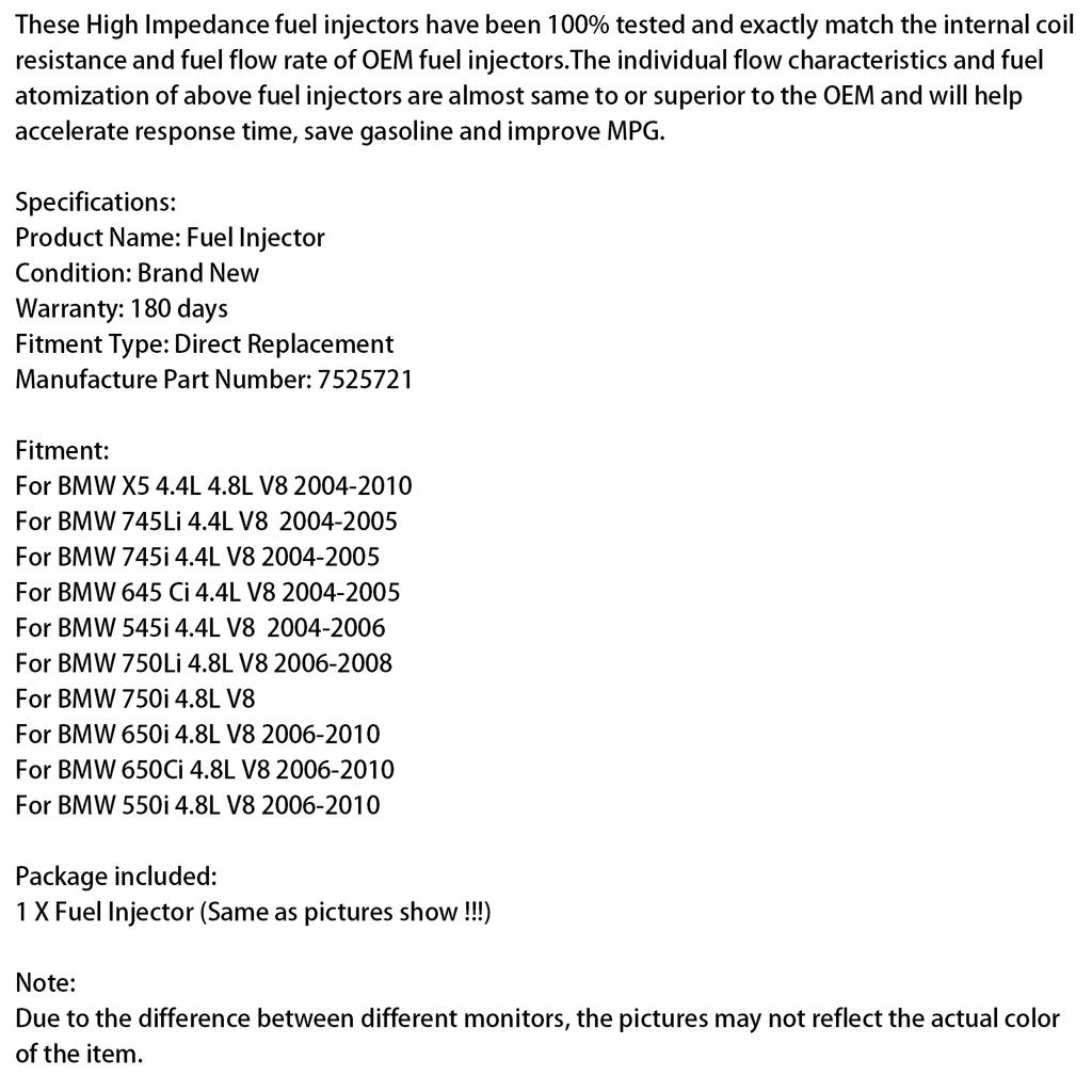 1 Stück Kraftstoffinjektor 7525721 Passend für Siemens 04-2010 PASSEND für BMW X5 745Li/i 645Ci 545i