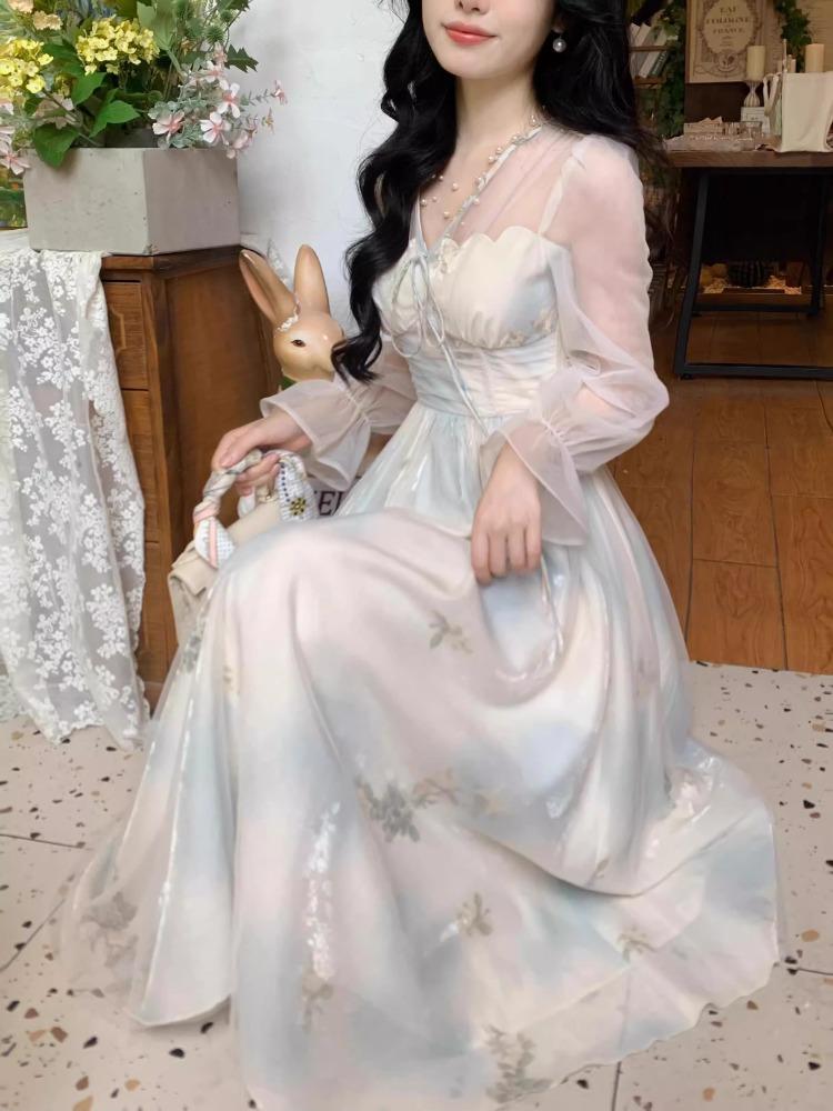 French Gentle Style Floral Dress Women Spring 2025 New High Waist Fairy Long Dresses Fashion Print Design Party Clothes