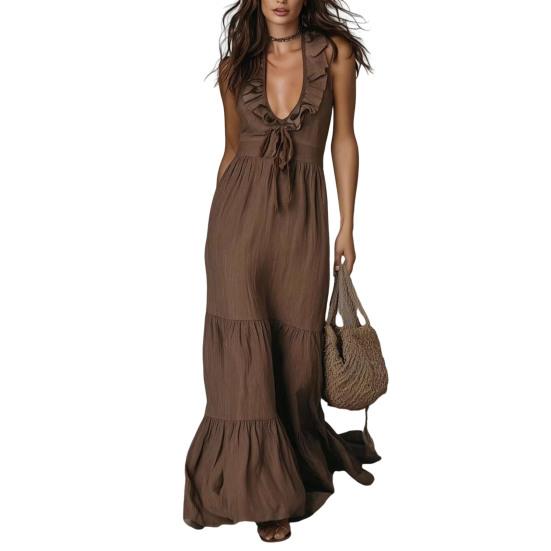 Women s Ruffle Deep V Neck Maxi Dress Sleeveless Tiered Ruffle XXL