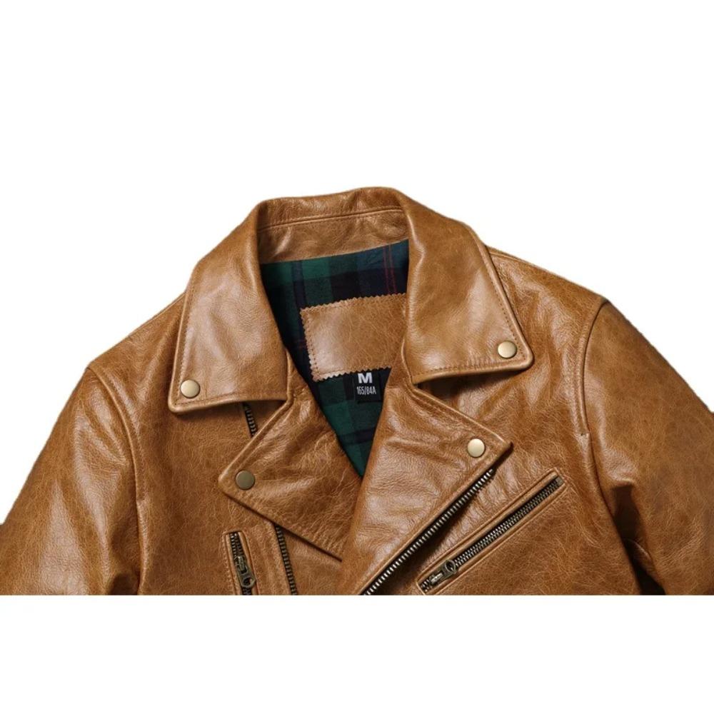Chinese Size Men Leather Jackets Oil Waxed Yellow Brown Genuine Cow Leather Jacket for Men Cowhide Motorcycle Biker Jackets