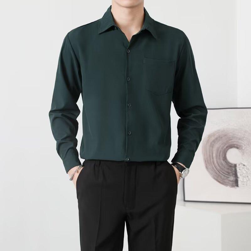 2025 İlkbahar Sonbahar Erkek Düz Renk Günlük Gömlekler Erkek Siyah Slim Fit Turn Down Yaka Gömlek Erkek İş Gömleği