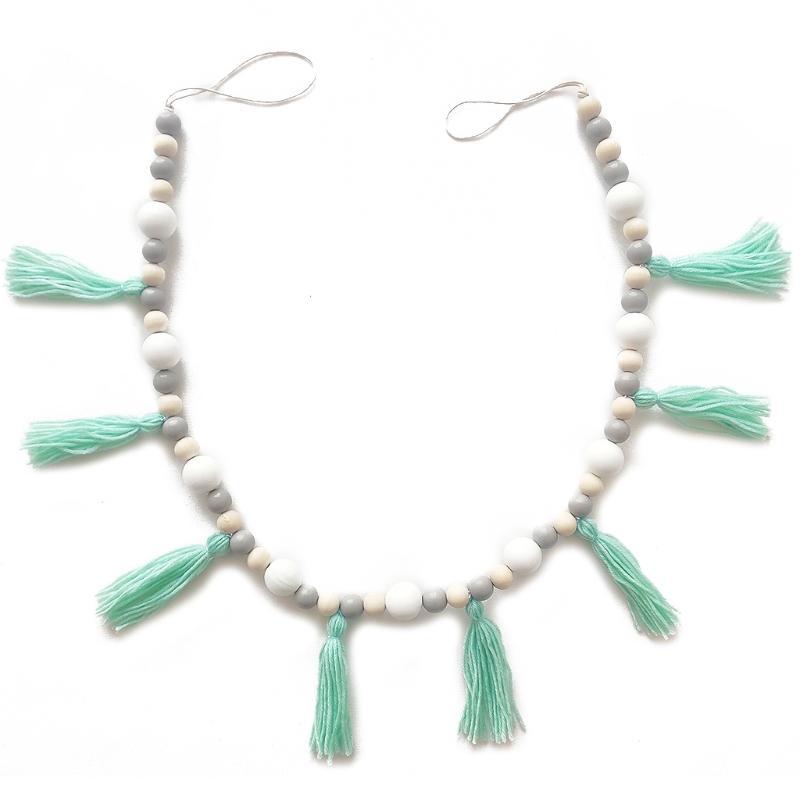 Nordic Cotton Rope Wooden Bead Garland with Tassel Wall Hanging Nursery Props Ornament Kids Baby Room Decor