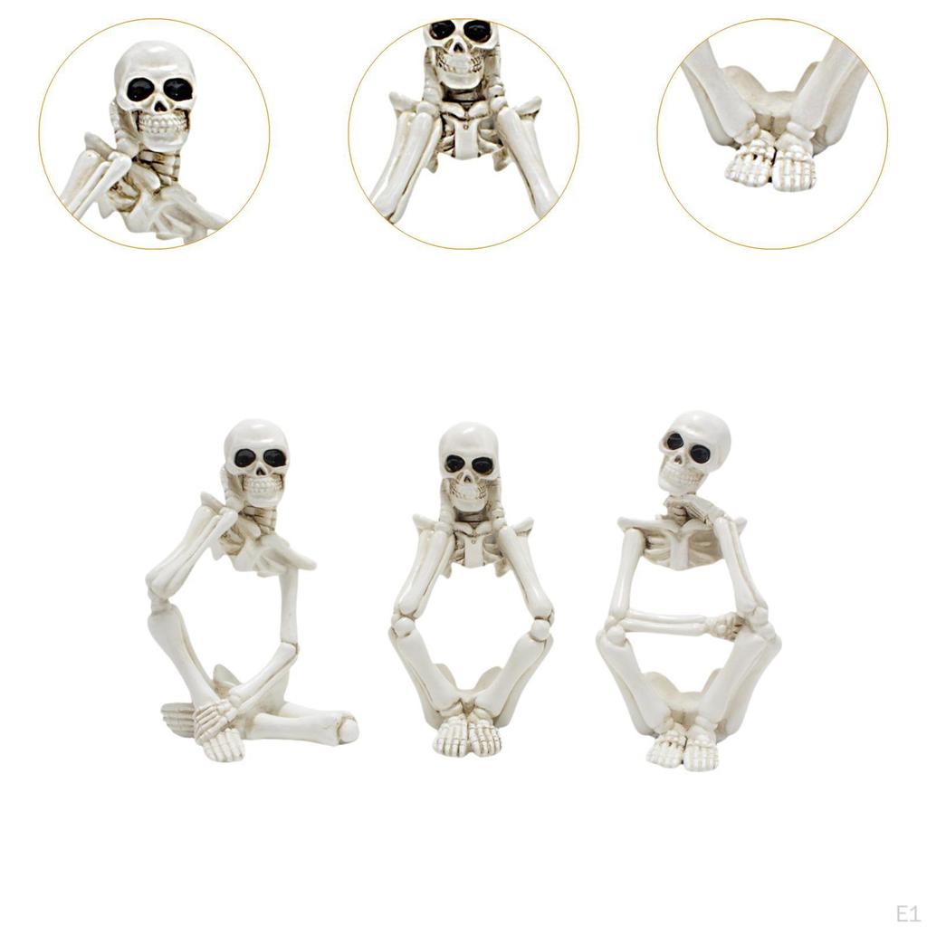 3x Skeleton Thinker Figurine, Skeletons Statue, Decorative Sturdy Halloween Decor Pose