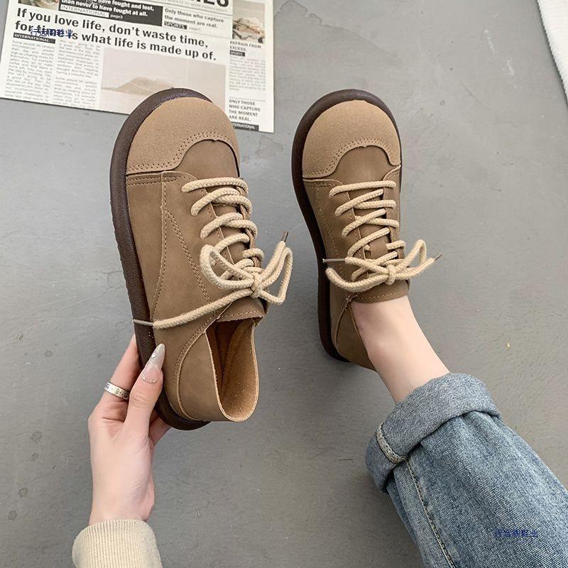 Maillard retro leather shoes women's new soft-soled lace-up casual splicing retro single shoes