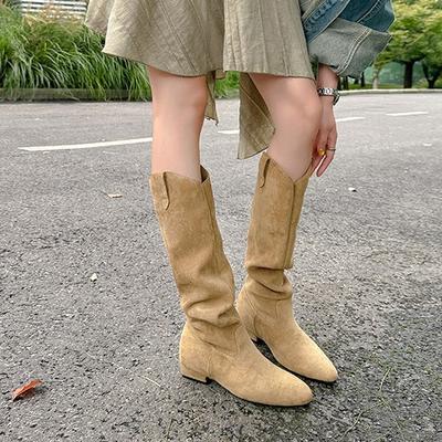 2025 Autumn and Winter Wrinkled Boots V-mouth Pointed Head Suede Inner Height Increase Thick Heel Tall Knight Boots Women's Western Stacking Boots