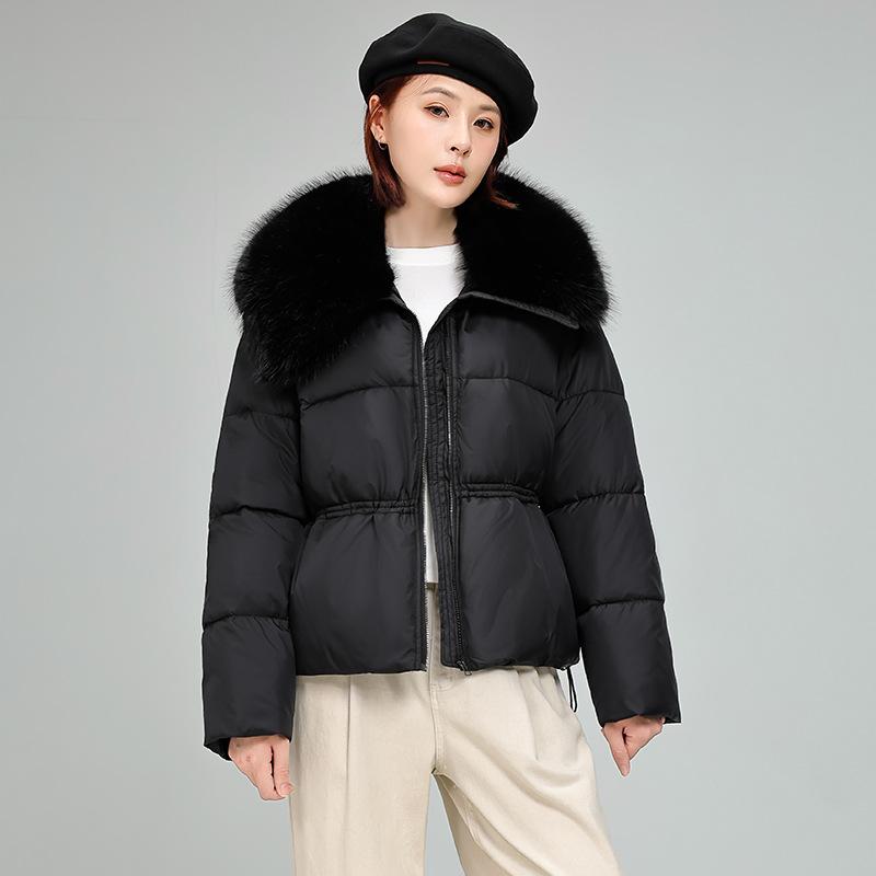 Women’s Short Big Fur Lapel Drawstring Warm Winter Jacket