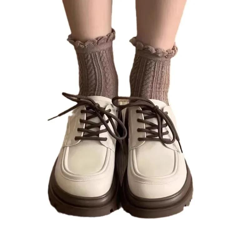 Fashion White Preppy Style Women's Flats Lace-up Thick Sole Round Head Japanese System Shoes Comfortable Rubber Upper Summer Shoes