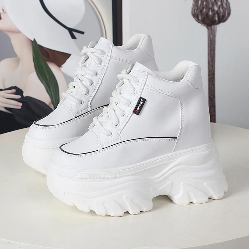 Fashion Autumn winter Women High Top Leather Shoes Platform Wedge Sneakers Chunky Shoes Hidden Heel 12CM White Black Women Casual Shoes