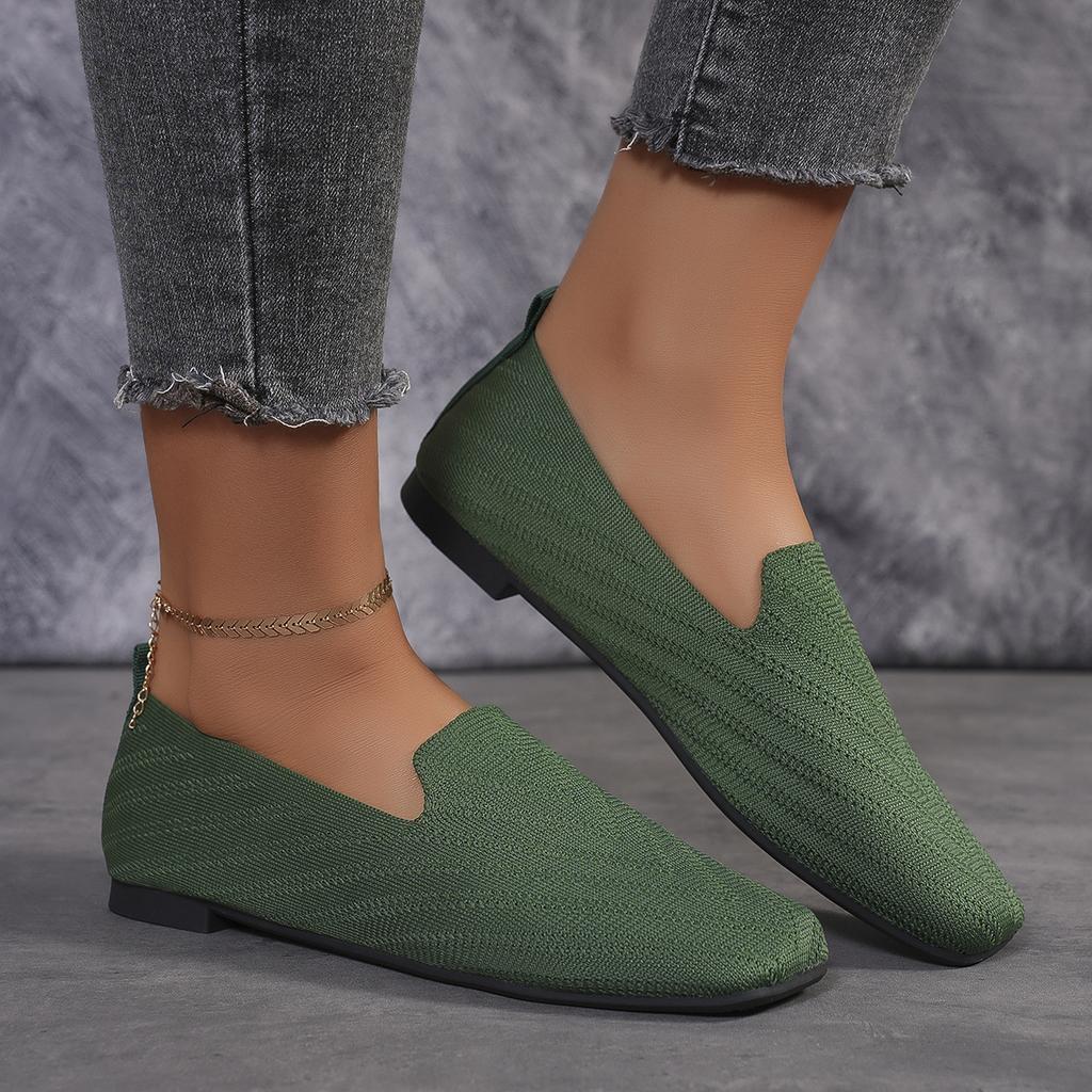 Novos mocassins de malha com bico quadrado de cor sólida, sapatos baixos rasos para mulheres, sapatos baixos de malha com fundo macio, sapatos casuais sem cadarço, sapatos de barco