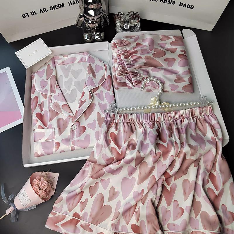 Ice Silk Pajamas Women'S Spring And Summer New Sweet Love Long-Sleeved Simple Wind Loungewear Set Real Shot