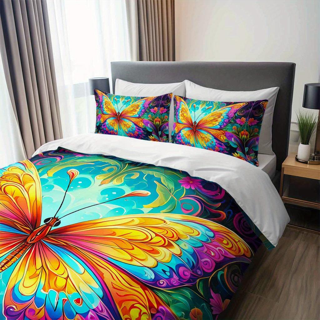 3pcs Vibrant Butterfly Floral Bedding Duvet Cover Set Butterfly Garden Bedding Set Colorful Butterfly Themed Tropical Butterfly