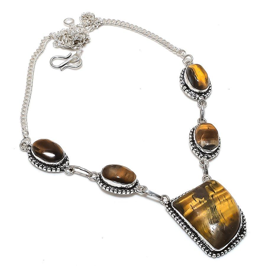 

Натуральный камень Тигровый глаз 925 стерлинговое серебро Ювелирное ожерелье 18 e5I70