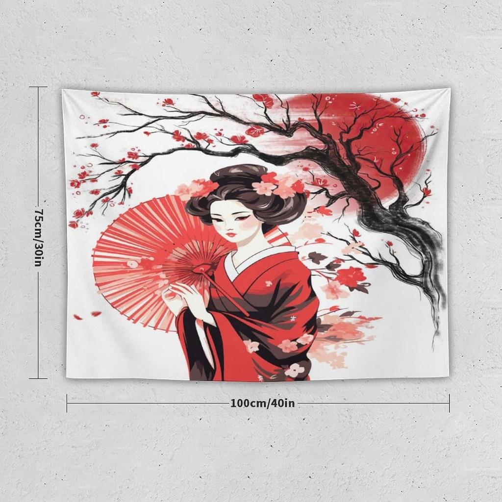 Japanese Red Geisha Tapestry Asian Cherry Blossom Traditional Kimono Folk Tapestries Home Decor Living Room Bedroom Apartment