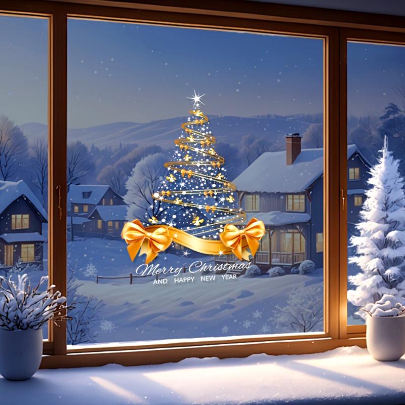 1ks Domácí okna Velká mašle Samolepka DIY PVC 40x55CM Vánoční stromek Vánoční okenní nálepka Zlatý vánoční stromek