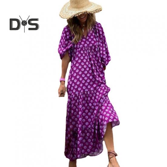 

Женское платье в стиле бохо с V-образным вырезом, рукавами-фонариками, А-силуэтом, с плиссировкой и принтом, длиной до середины голени, пляжное платье для отдыха S фиолетовый