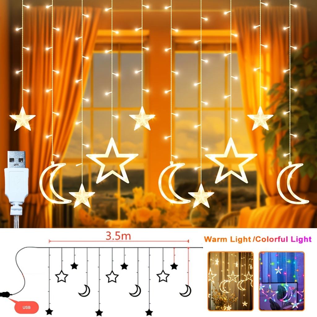 LED Star Moon String Lights,romantic Atmosphere,fairy Curtain Lights,suitable for Bedroom Wall Decoration,room Windows,party and Holiday Decoration