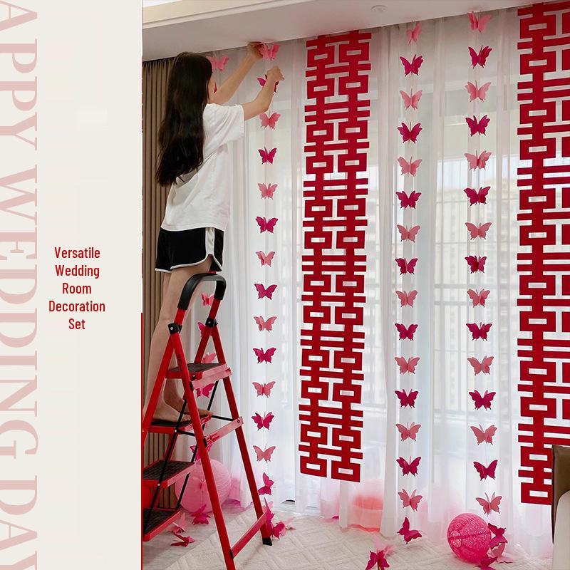 3D Butterfly Wedding Room Decoration Set: Double Happiness Curtains and Pull Flower Ornaments