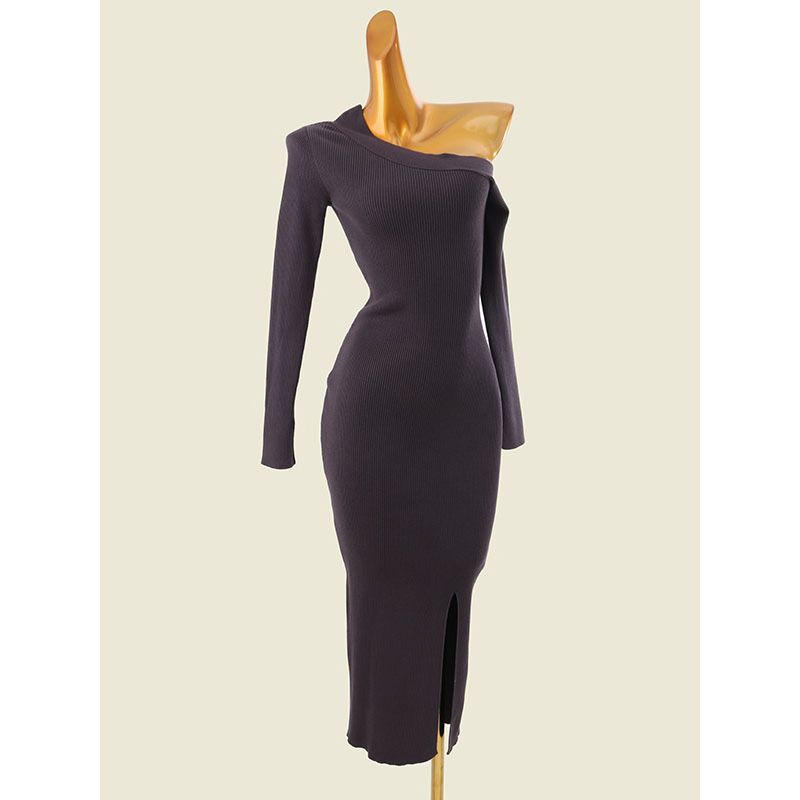 Spanish S Home Stylish Niche Style off-Neck Dress Export Front Slit Slim-Fitting Knitting Wrapped Skirt