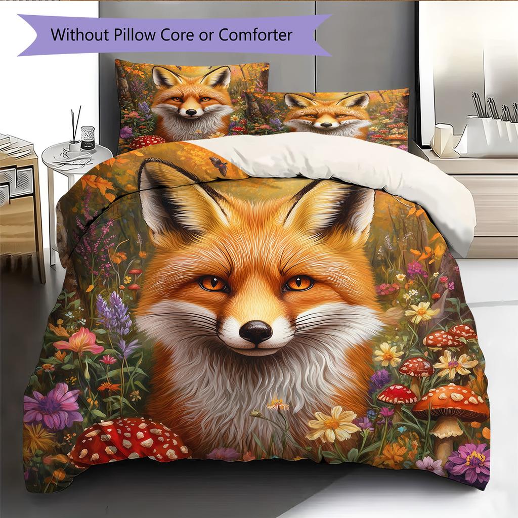 Red Fox with Mushrooms Pattern Bedding Quilt Set Home Decoration Gift (1 * duvet cover + 2 * pillowcase without core)