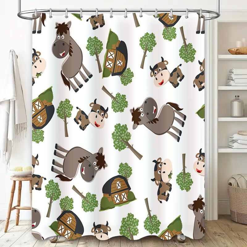 Farmhouse Animal Pattern Shower Curtain Set for Kids Bathrooms Blue Green White Colorful Cartoon Print Decorate Waterproof Fabri