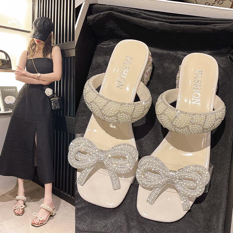 Size 35-42 Celebrity Temperament Cool Slippers Women's 2025 New Rhinestone Bow One-word Dress Wear High Heel Sandals