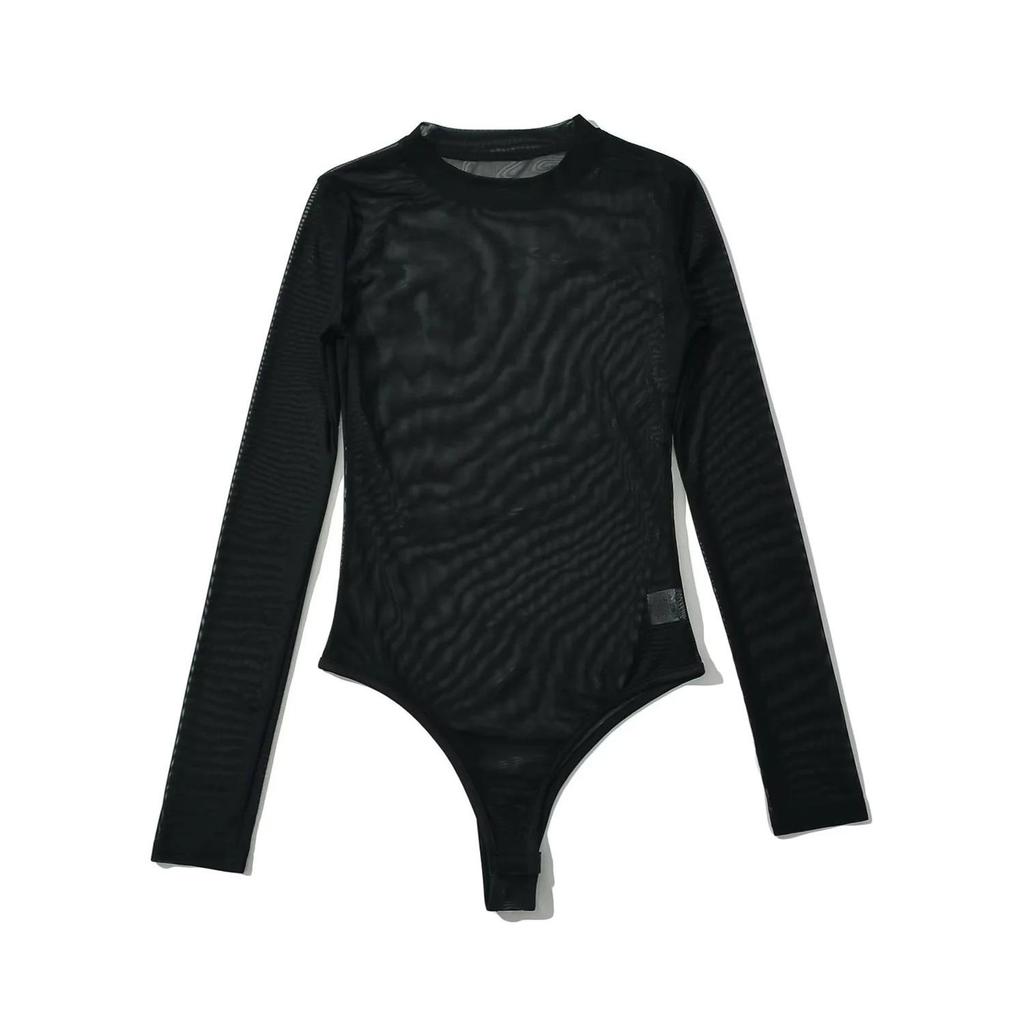 Autumn Women's Slimming Mesh Bodysuit - Sheer Round Neck, Long Sleeve