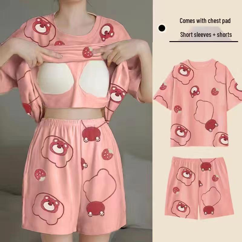 Korean Style Women's Cartoon Pajamas Set with Built-in Bra - Short-Sleeved, Loose, Plus Size, Summer Homewear