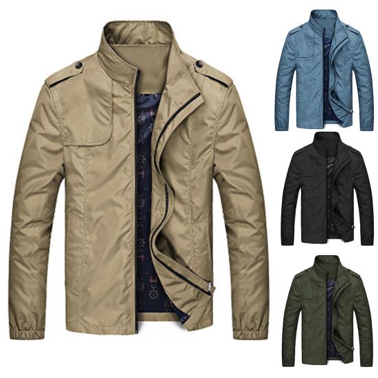 Solid Color Men Coat Stand Collar Top Two Pockets Zipper Closure Casual Jacket