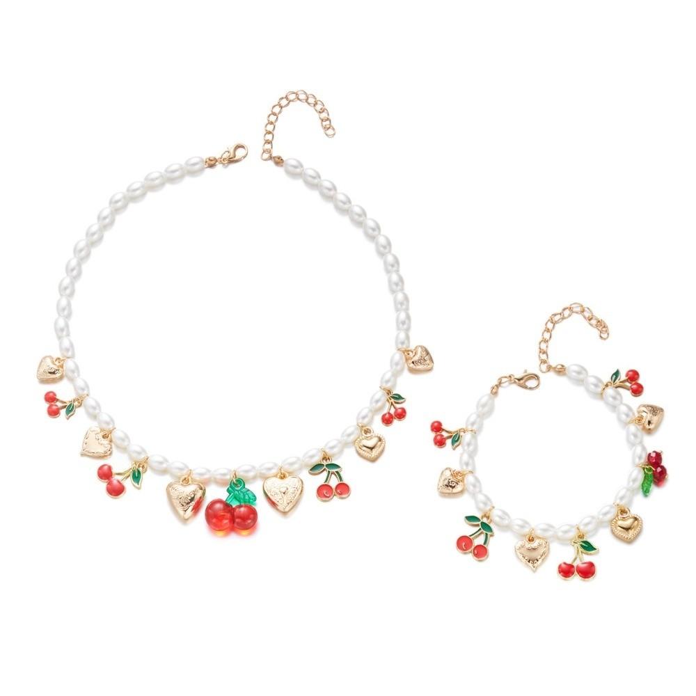 Collier Élégant avec Breloque Cœur Collier Ras-du-cou Doux Perle Nouveau Collier Cerise Fruit Bijoux Femme