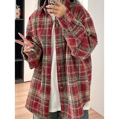 Vintage Mode Frühling Herbst Gebürstete Hemden Mäntel Damen Revers Karomuster Knopf Schick Lässig Langarm Verdicken Strickjacke Loog Tops