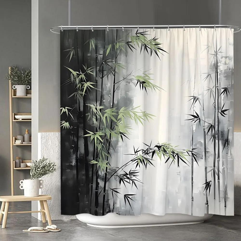 1pc Bamboo Forest Shower Curtain, Minimalist Bamboo Stalks with Green Leaves, Serene Foggy Background, Elegant and Calm Nature D