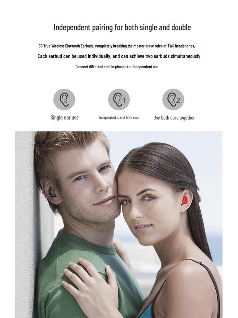 C8 Smart Wireless TWS 5.2 Bluetooth Earphones - Waterproof & Sweatproof for Running & Sports, Single/Double Ear Use