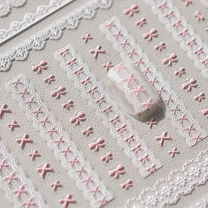 1/3Pcs Bow Lace Nail Stickers With Sweet Hearts Self Adhesive Nail Art Stickers Decals Japanese Winter Knit Lace Decoration