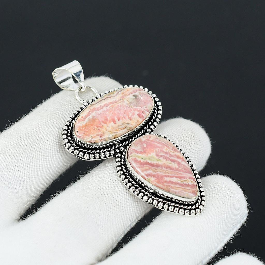 Natural Rhodochrosite Gemstone Handmade 925 Sterling Silver Jewelry Pendant, Double Stone Pendant, Holiday Gift for Her Jewelry for Special Occasions