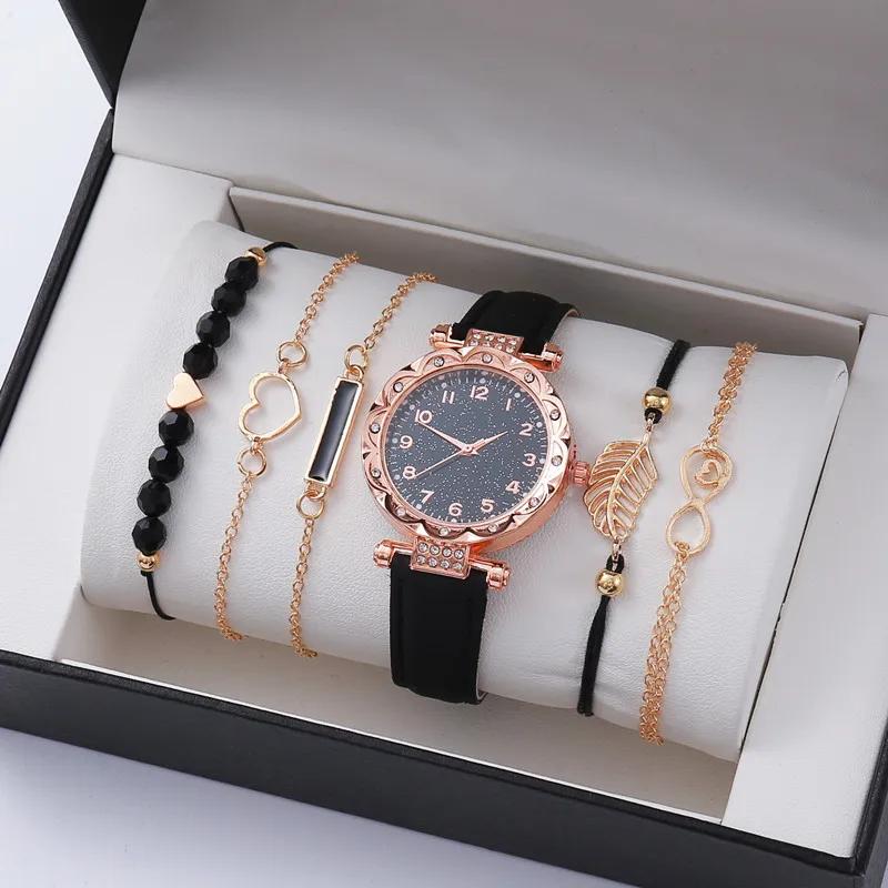 New Fashion Watches for Women Ladies Simple Heart Dial Casual Female Luxury Analog WristWatches 6pcs Bracelet Set Gift No Box