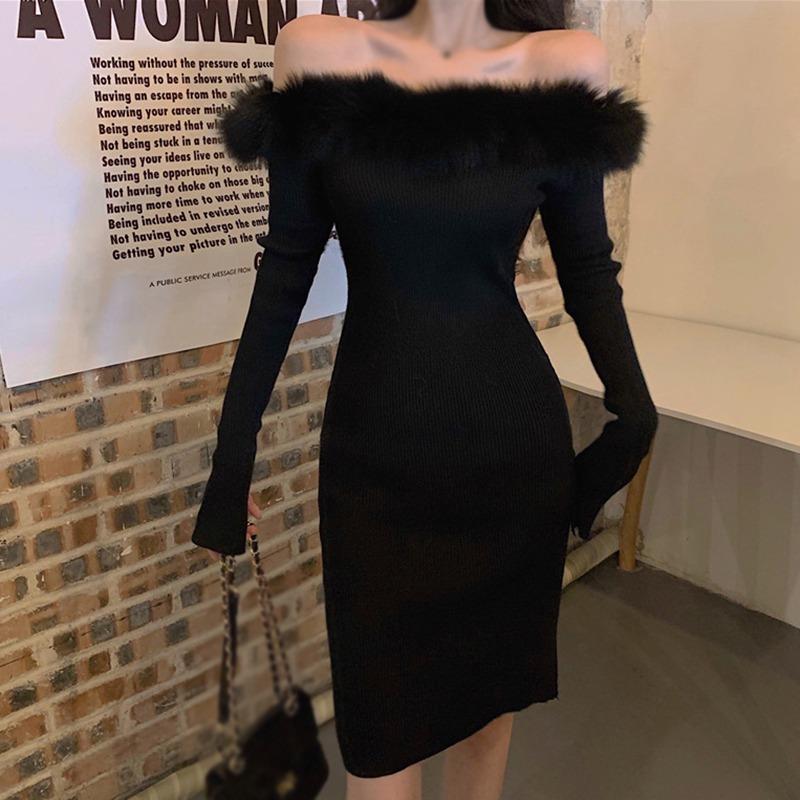 Women's Dress Knitted Dress Hip Wrapping Bottoming Casual Plush Dress