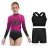 Girls Sparkly Rhinestones Color Block Leotard Long Sleeve Keyhole Back Design Cross Back Vest Shorts Skating Outfit