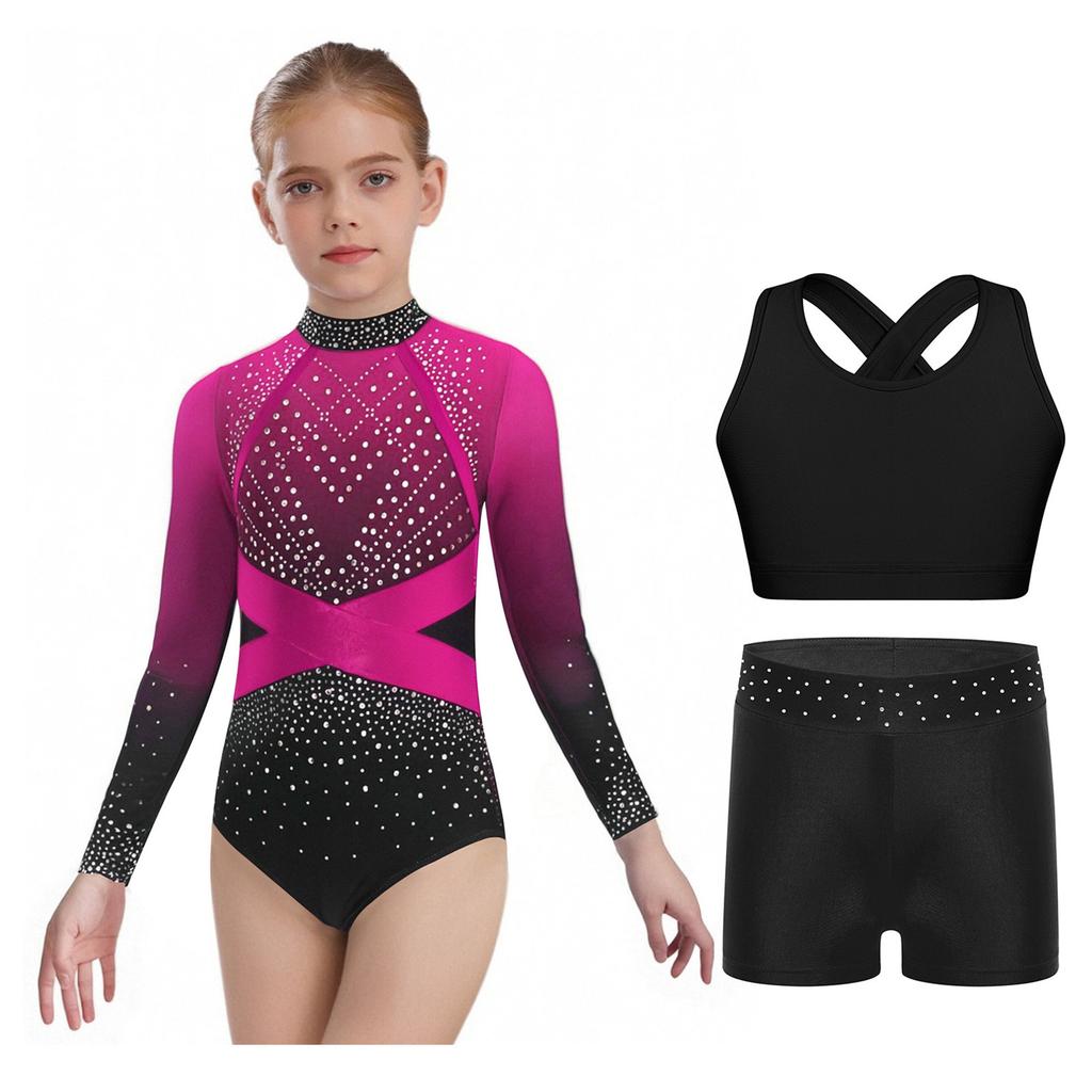 Girls Sparkly Rhinestones Color Block Leotard Long Sleeve Keyhole Back Design Cross Back Vest Shorts Skating Outfit