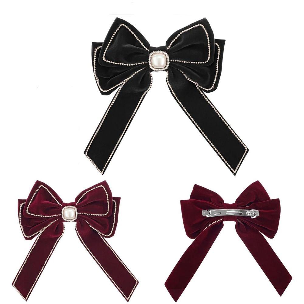 Rhinestone Red Velvet Bow Hair Clip Wine Red New Year Hairpin Bowknot Spring Clip  Ponytail Holder