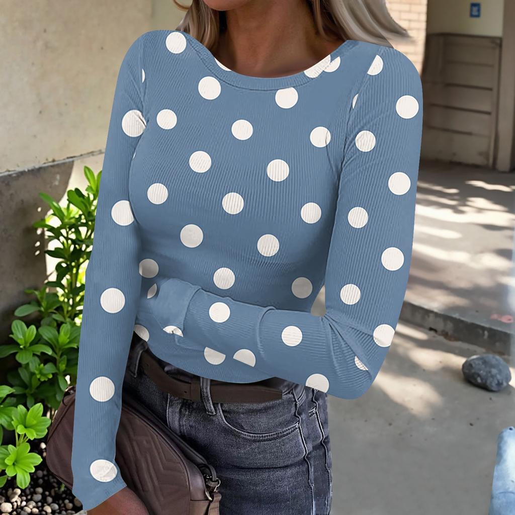 Women's Casual Polka Dot Long Sleeve Top, Round Neck Ribbed Blouse for Daily Wear