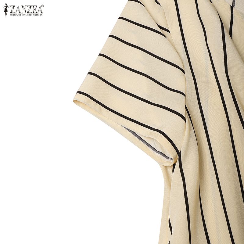 ZANZEA Women Summer Round Neck Casual Short Sleeve Stripe Print Dress