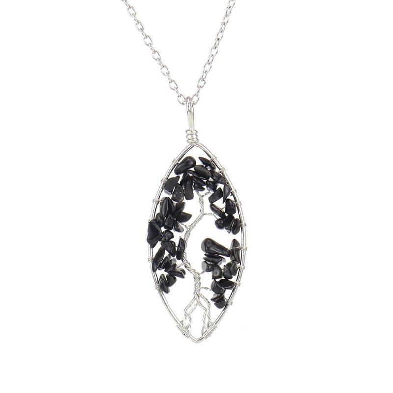 Hand-Wrapped Silver Natural Gravel Tree Of Life Necklace, Curved Crystal Lucky Tree Leaf Necklace N04