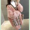 Spring and Autumn V-neck Knitted Cardigan Women Leopard Pocket Sweater Coat Versatile Student Mid Length Cardigan Sweater
